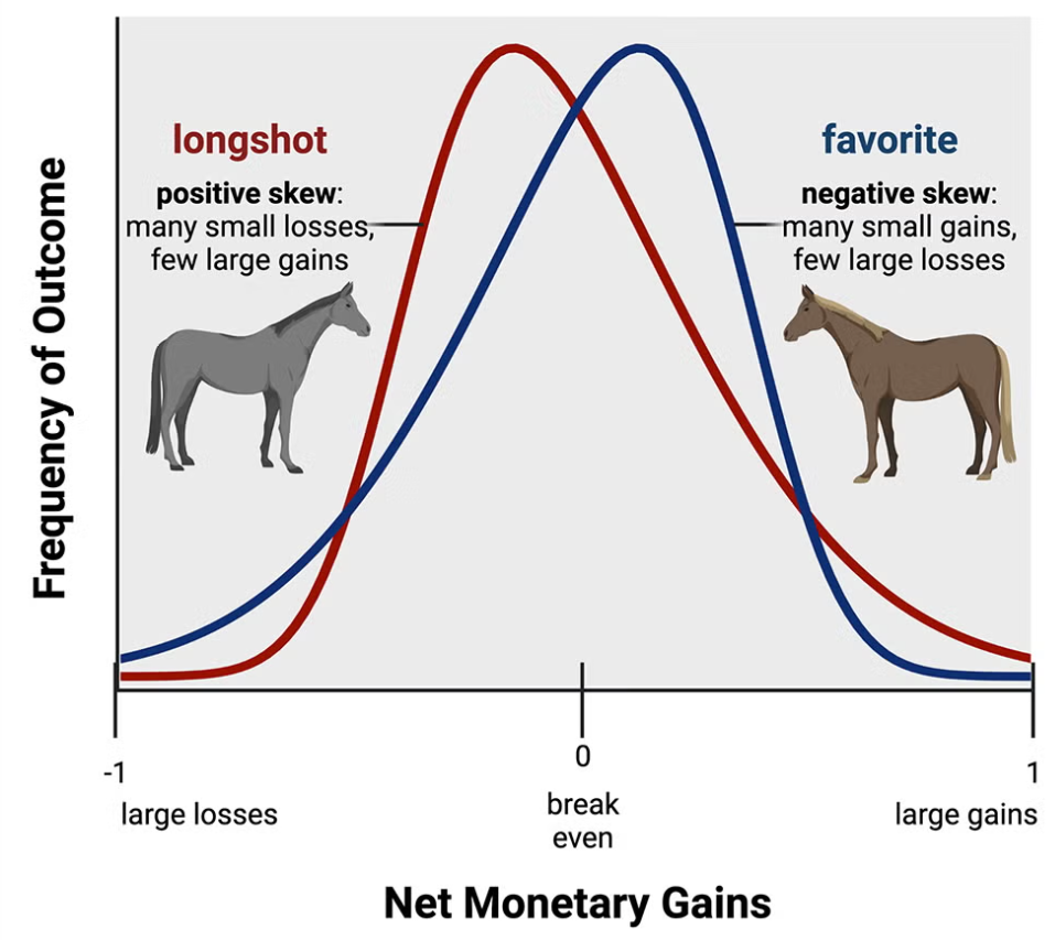 The favourite longshot bias: longshot bets cluster on small losses with a thin right tail of big wins; favourite bets cluster on small gains with a thin left tail of big losses.